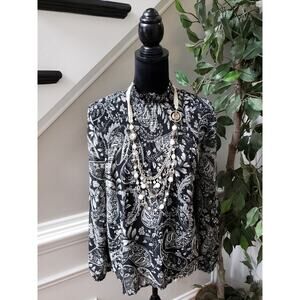 ANA Blouse Women L Black White Paisley Long Sleeve High Neck Boho Peasant Top